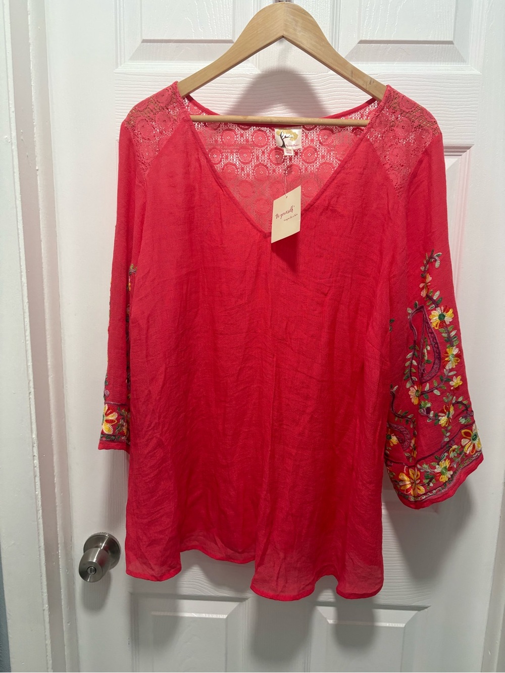 fig and flower Red Embroidered V-Neck Tunic